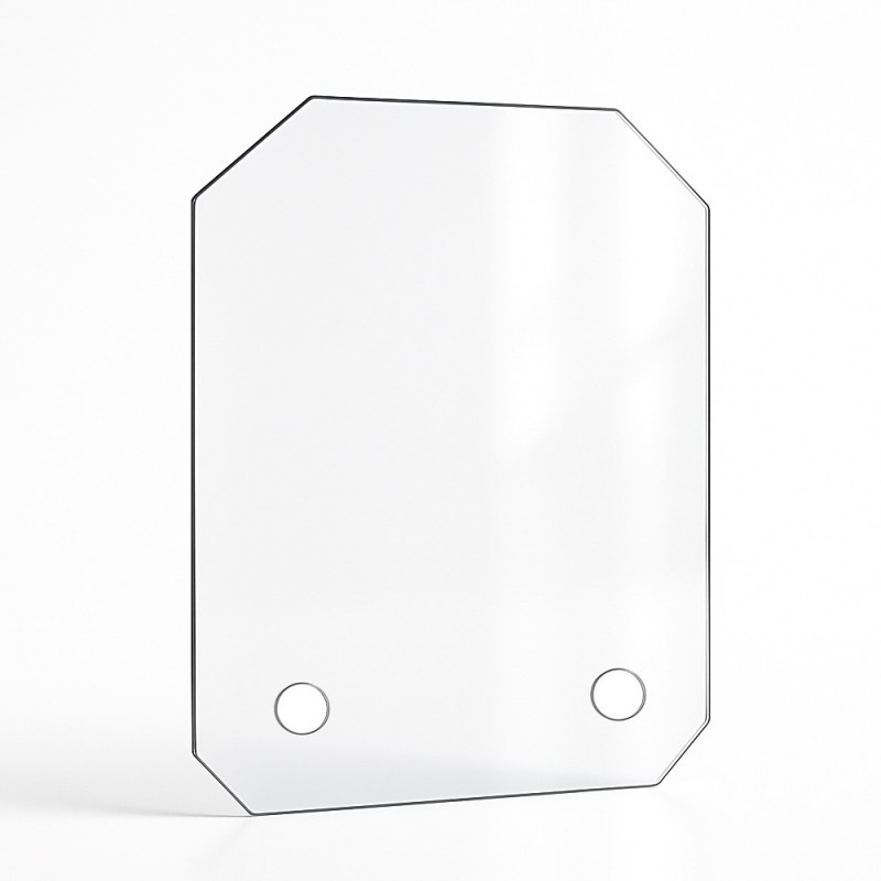 Vitre percée sur mesure forme 4 angles coupés