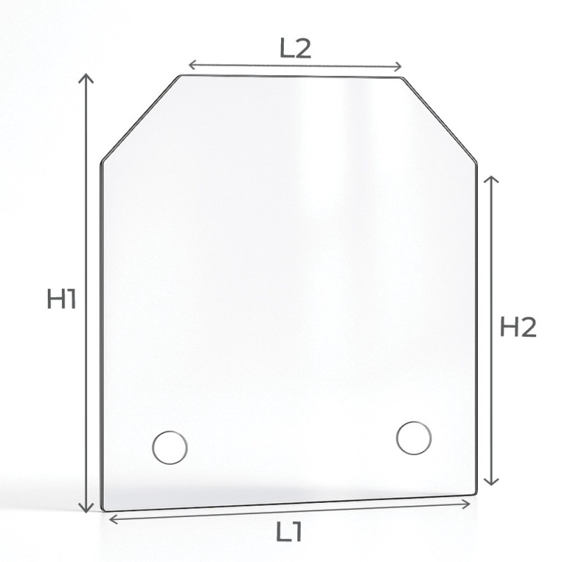 Vitre percée sur mesure forme 2 angles coupés schéma